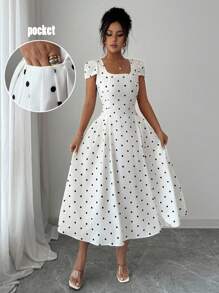 Elenzga Đầm Maxi Tay Ngắn Xếp Ly Cổ Vuông In Chấm Bi Thanh Lịch Cho Nữ - Nhiều màu - Xem 1