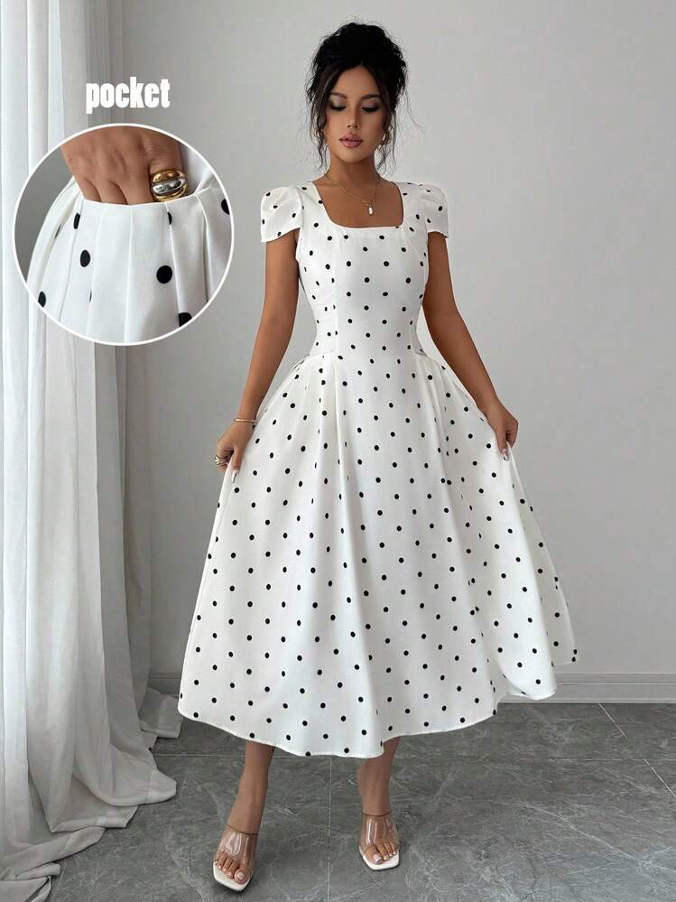 Elenzga Vestido largo de mujer con cuello cuadrado, manga corta, plisado en la cintura y estampado de lunares elegante - Multicolor - Añade 1