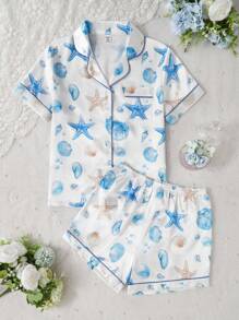 2 件夏季女童缎面贝壳蝴蝶结装饰短袖开衫和短裤套装，度假风格家居服返校女童服装女童夏季服装返校服校服学校用品书包 - 彩色 - 查看 6