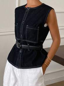 Livesso Women's Summer Sleeveless Round Neck Denim Blouse - Blue - View 5