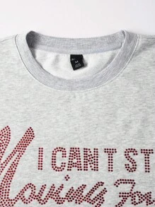 ROMWE MEN Street Life 男式缀饰水钻水洗印花长袖 T 恤，宽松短款 - 灰色 - 查看 5