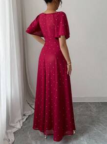 Modelyn 女士雪纺圆点蝙蝠袖褶饰甜美法式夏装 - 紅色 - 查看 3