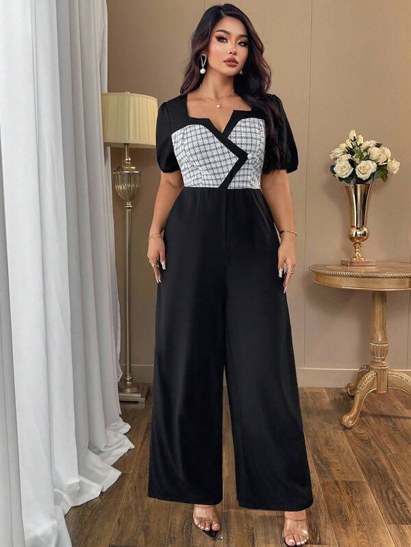 SHEIN PETITE CURVE Mono con cuello oblicuo de mujer elegante con parches a cuadros blanco y negro para tallas grandes