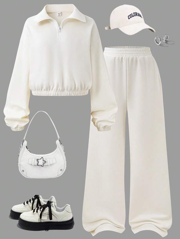 SHEIN Conjunto de 2 peças: moletom curto de manga comprida com gola alta e cor sólida para mulheres e adolescentes + conjunto de calças largas e soltas, roupa esportiva casual, minimalista e elegante