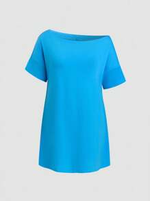 SHEIN Đầm suông màu trơn cổ vuông rộng rãi thoải mái mùa hè cỡ lớn - Màu xanh lam - Xem 3