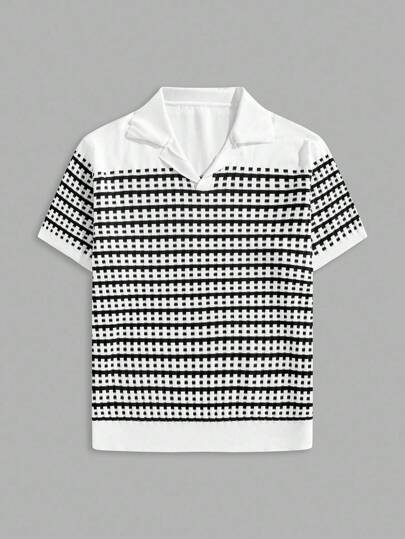 EASEVO Plus Size Men's Striped Black & White Polo Neck Short Sleeve Knit Top, For Fall Winter