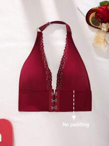 SHEIN 女士浪漫蕾丝拼布前开扣文胸 - 酒紅色 - 查看 6