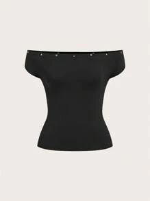 Coolane Blusa negra ajustada con hombros descubiertos, elástica y con remaches, estilo streetwear Y2K grunge para mujer, para el verano