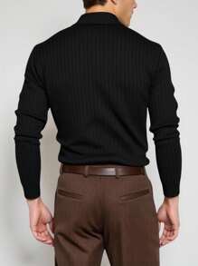 Manfinity Homme 男士休闲经典纯色长袖 Polo 衫 男士黑色针织 Polo 衫 男士黑色长袖 Polo 衫，秋季