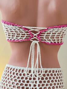 SHEIN Swim 2 件套夏季海滩花卉钩针露肩上衣和镂空裙套装，女士度假罩衫 - 彩色 - 查看 7