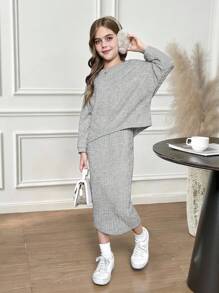 SHEIN Tween 女童蝙蝠袖针织罗纹短款上衣和中长裙 2 件套，休闲日常穿着