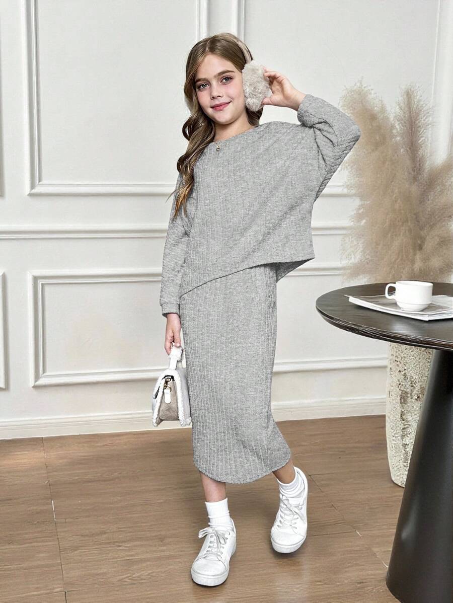 SHEIN Tween 女童蝙蝠袖针织罗纹短款上衣和中长裙 2 件套，休闲日常穿着