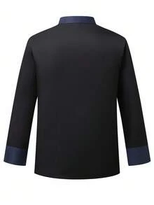 Manfinity Homme Áo sơ mi đầu bếp nam chuyên nghiệp màu đen, chất liệu vải dệt thoáng khí, tay dài và có túi ngực. - màu đen - Xem 2