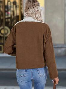 SHEIN PETITE 女士休闲灯芯绒衬里夹克，秋冬 - 棕色 - 查看 2