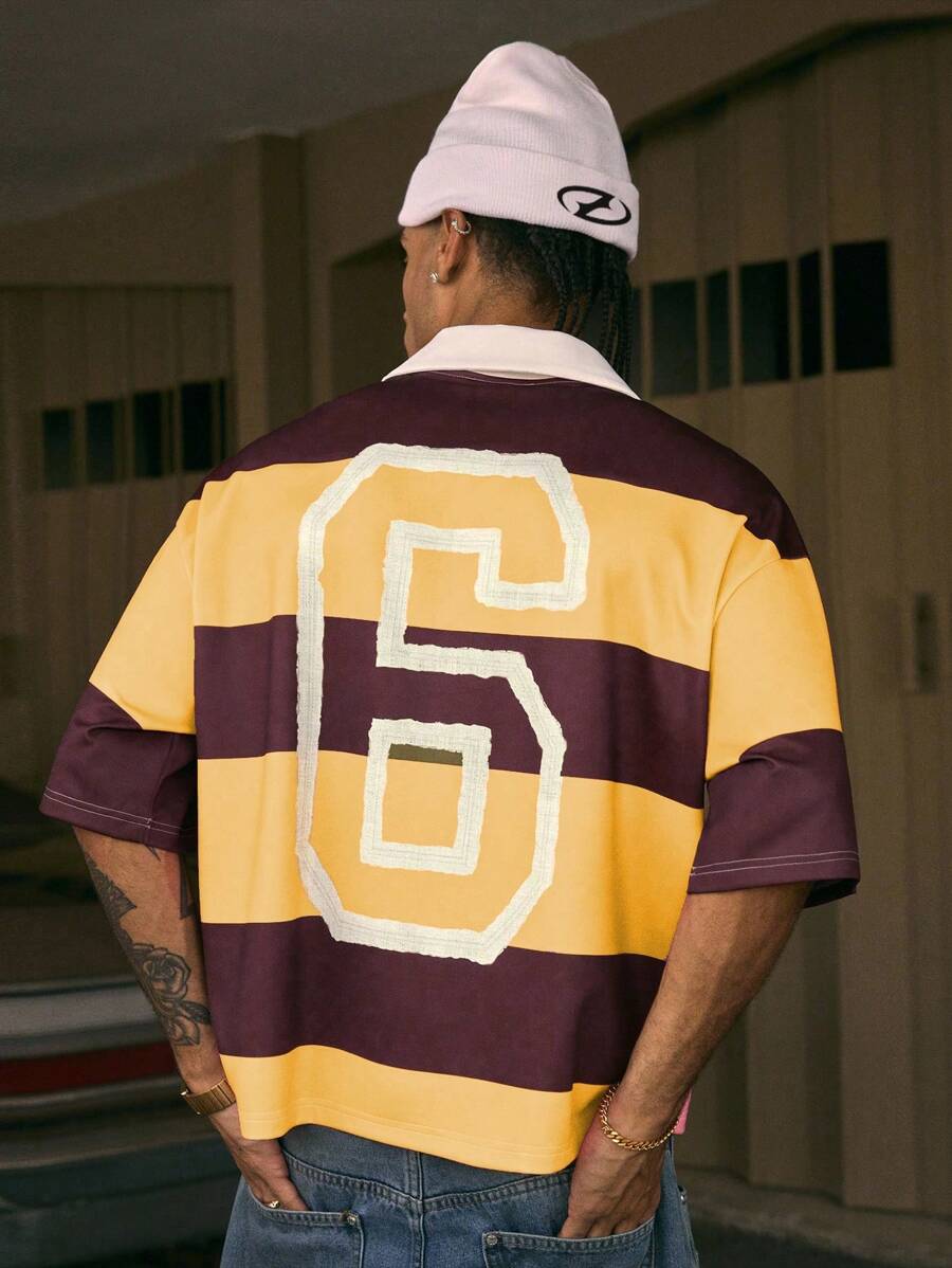 AXEPEAK 男士时尚条纹印花 Polo 衫，街头风格