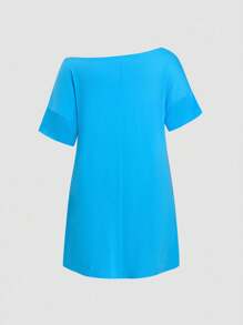 SHEIN Đầm suông màu trơn cổ vuông rộng rãi thoải mái mùa hè cỡ lớn - Màu xanh lam - Xem 2