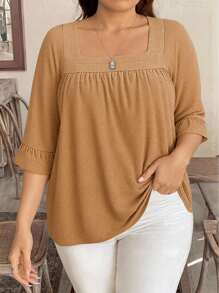 SHEIN Plus Size Summer Casual Solid Color Square Neck T-Shirt - Khaki - View 1