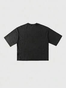 ROMWE MEN Grunge Punk 男士水洗流苏短袖T恤，宽松短款 - 黑色 - 查看 2