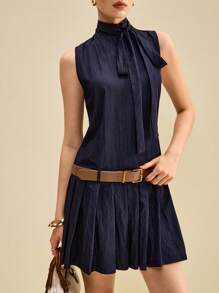 Muvela Robe courte pour femme avec ceinture en PU, ourlet plissé et cou attaché. Vêtements de retour à l'école et tenue de bureau décontractée - Bleu marine - Voir 6