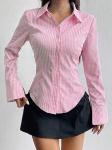 Flirla Solid Color Slim Fit Striped Front Button Asymmetrical Hem Long Sleeve Shirt Fall Cloth For Women - Pink - View 3