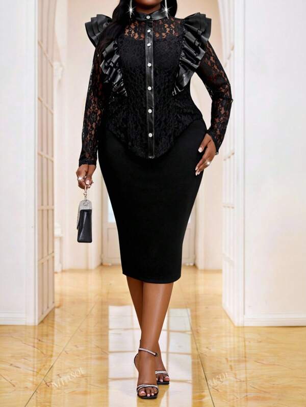 SHEIN Lady Manteaux en fausse fourrure avec col tressé nœud papillon, manches longues et courtes, style bureau élégant pour le printemps et l'été, tailles grandes tailles, bleu marine