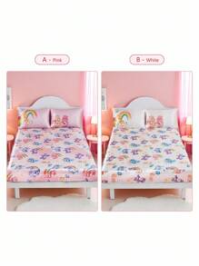 SHEIN X Care Bears 1 件泡泡纱床笠，透气舒适，云朵、彩虹、泰迪熊印花，单人床/大号床/特大号床/加州特大号床 - 彩色 - 查看 2