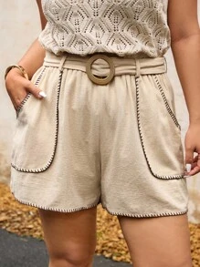 Elaquor Plus Size Women Floral Trim Pocket Wide Leg Loose Casual Shorts