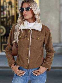 SHEIN PETITE 女士休闲灯芯绒衬里夹克，秋冬 - 棕色 - 查看 6