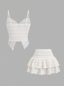 SHEIN PETITE Set de 2 piezas con top corto con tirantes con volantes y falda mini en línea A con volantes en estilo francés dulce, para primavera/verano, talla pequeña