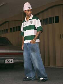 AXEPEAK 男士时尚街头条纹印花 Polo 衫 - 綠色 - 查看 3