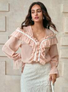 Chiquease Camisa Elegante de Mulher com Gola em V de Tecido de Chiffon de Manga Longa, Silhueta com Renda de Pérolas Falsas, Barra com Babados, Costura Francesa, Contraste de Cor, Pó de Borracha, Estilo Vintage para Professoras, Cruzeiro, Outono, Primavera, Casual - Damasco - Visão 1