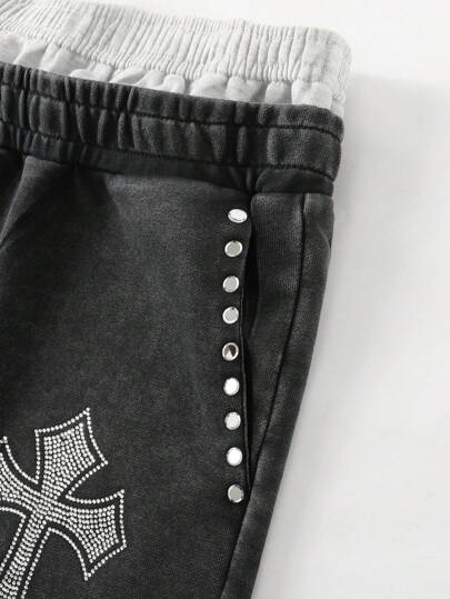 Goth Men Distressed Waistband Double Layer Cross Diamond Wash Shorts