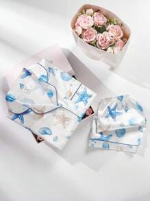 2 件夏季女童缎面贝壳蝴蝶结装饰短袖开衫和短裤套装，度假风格家居服返校女童服装女童夏季服装返校服校服学校用品书包 - 彩色 - 查看 1