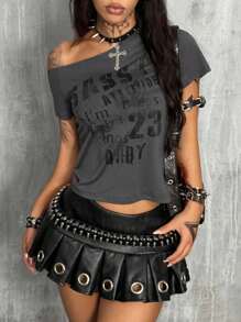 Coolane 女式字母印花不对称领短袖修身T恤，夏季 - 灰色 - 查看 4