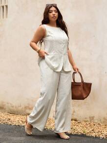 Elaquor Conjunto informal de 2 piezas, talla grande, para mujer, para uso de oficina/viajes, estilo a rayas, versátil, blusa y pantalones, para el verano