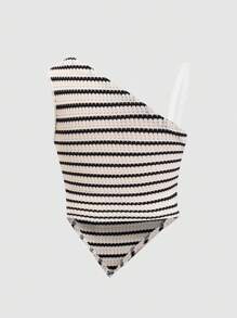 Tween Girl Resort 不对称黑白条纹纹理扭纹正面荷叶边下摆单肩纹理针织短款背心 - 黑色 - 查看 8