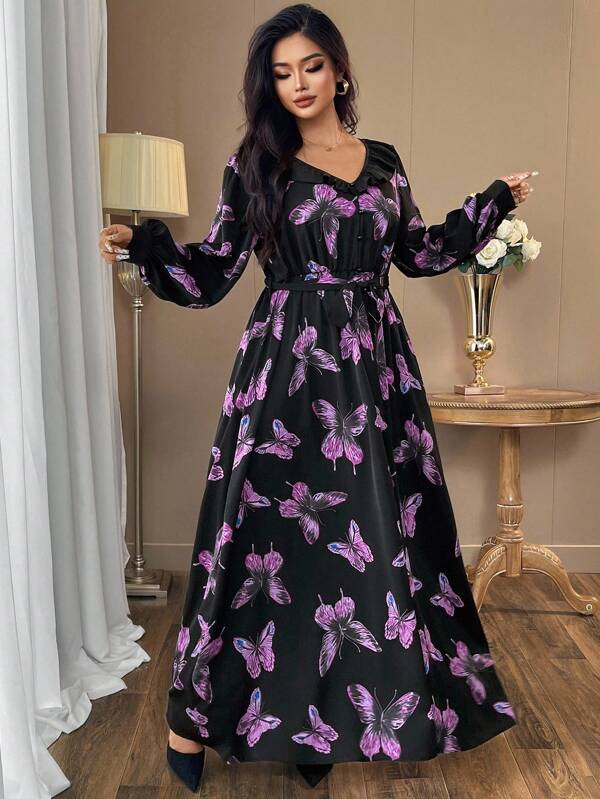 SHEIN Clasi Plus Size Butterfly Print Vintage Elegant Waist-Cinched V-Neck Ruffle Hem Midi Dress, Flattering Maxi Women Outfit Spring Dress Elegant Maxi Easter Women Dress Romantic Dress Butterfly Print Mushroom Button Ruffle Hem V-Neck Long Sleeve Waist Women Dress