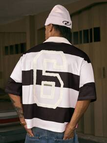 AXEPEAK 男士时尚条纹印花 Polo 衫 - 黑與白 - 查看 1