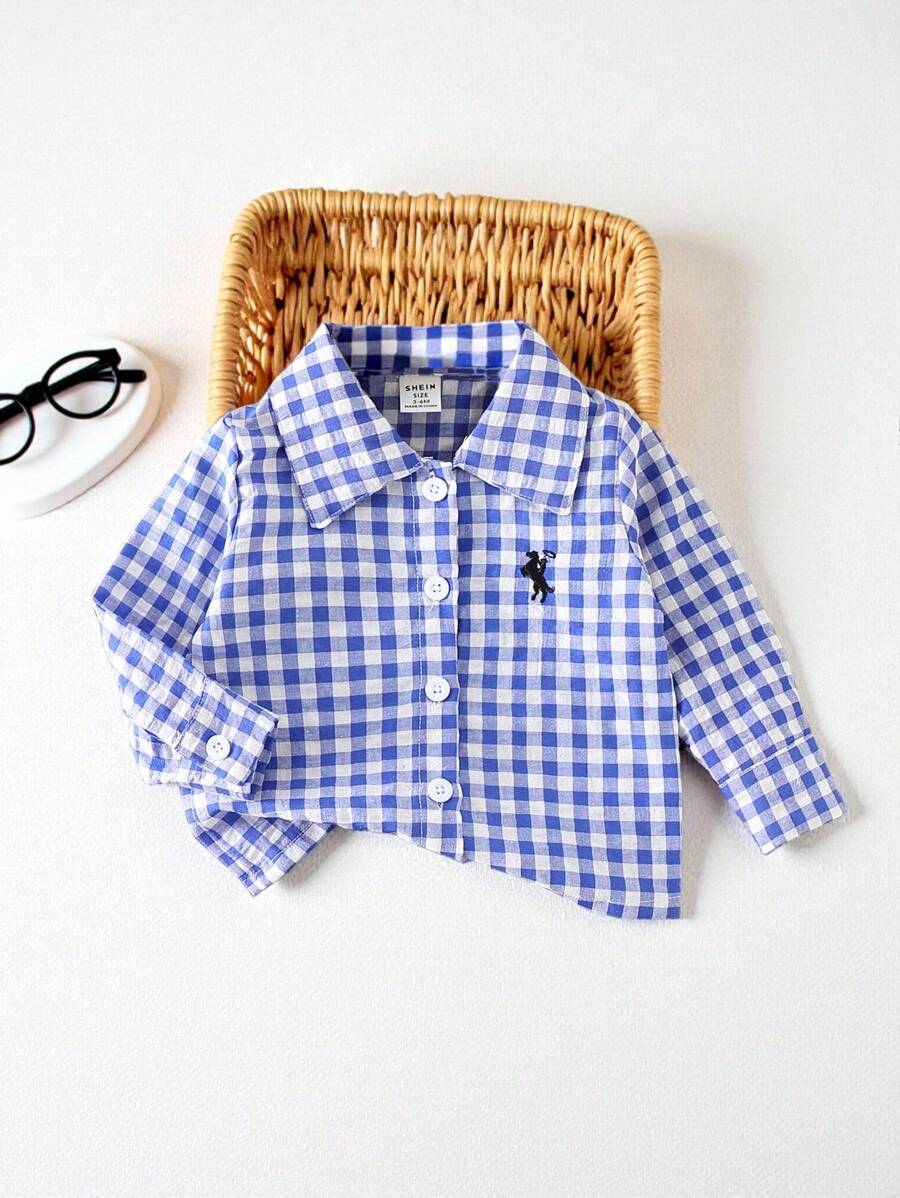SHEIN Playful Pals 1件 嬰兒男童格紋刺繡鈕扣長袖 Polo 領襯衫 藍白條紋 秋季休閒 開學日穿搭 - 藍色 - 查看 1