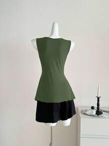 INAWLY Plus Size Plain V-Neck Casual Fashion Tank Top, Summer - Army Green - View 2