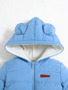 SHEIN Playful Pals 婴幼儿男童冬季新款纯棉连帽连体衣，带可爱耳朵装饰，3M-3T，男婴连体衣，婴儿服装，新生儿连体衣，幼儿连帽连体裤，幼儿秋冬泰迪羊毛连体衣