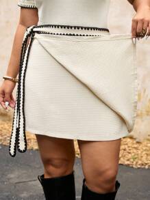 Elaquor Plus Size Casual Dog Tooth Edge Color Block Waist Skirt - Apricot - View 7