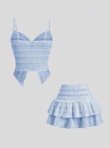 Sweetra Conjunto de 2 piezas para mujer con top de camisola con volantes y nudo trenzado, y falda línea A con volantes en el bajo, para primavera/verano