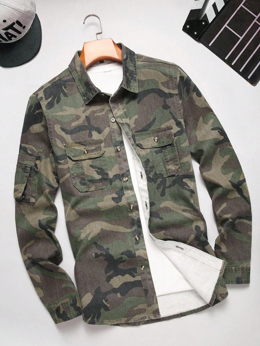 Manfinity Homme قميص كاجوال بأكمام طويلة متعدد الجيوب بطبعة الكامو من الجينز، مقاوم للتجعد والأوساخ، مناسب لجميع الفصول، خريفي