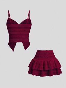 Sweetra Set de 2 piezas con top de tirantes con volantes y falda mini con bajo plisado en A, elegante moda para mujer, primavera/verano