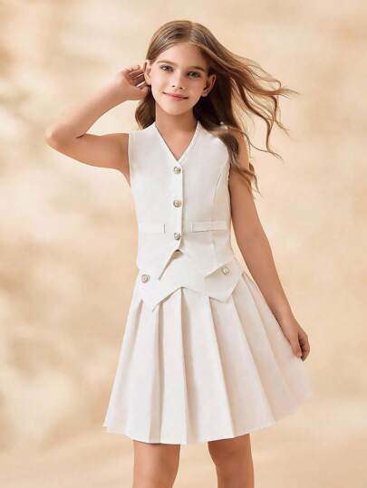 SHEIN Conjunto de blusa sin mangas de cuello en V elegante y falda plisada de cintura elástica para niñas preadolescentes