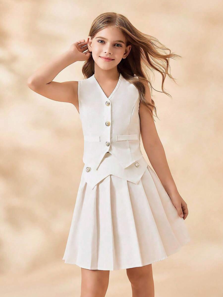 SHEIN 青少年女孩优雅时尚 V 领无袖束腰不对称下摆白色无袖衬衫和松紧腰短褶裙套装 - 白色 - 查看 1