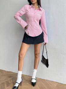 Flirla Solid Color Slim Fit Striped Front Button Asymmetrical Hem Long Sleeve Shirt Fall Cloth For Women - Pink - View 5