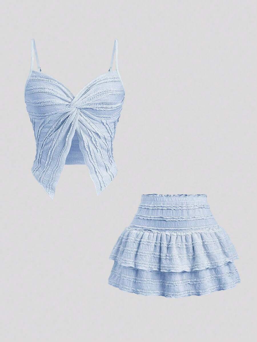 Sweetra Conjunto de 2 piezas para mujer con top de camisola con volantes y nudo trenzado, y falda línea A con volantes en el bajo, para primavera/verano
