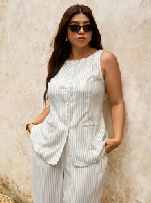 Elaquor Conjunto informal de 2 piezas, talla grande, para mujer, para uso de oficina/viajes, estilo a rayas, versátil, blusa y pantalones, para el verano